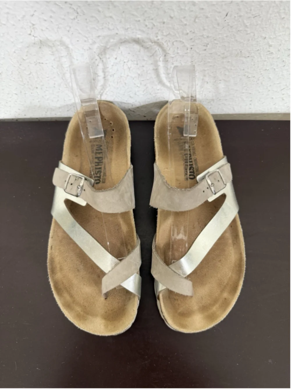 Mephisto Nalia Sandal Womens 38EU/8US Slip On Slide Silver & Tan Leather Boho